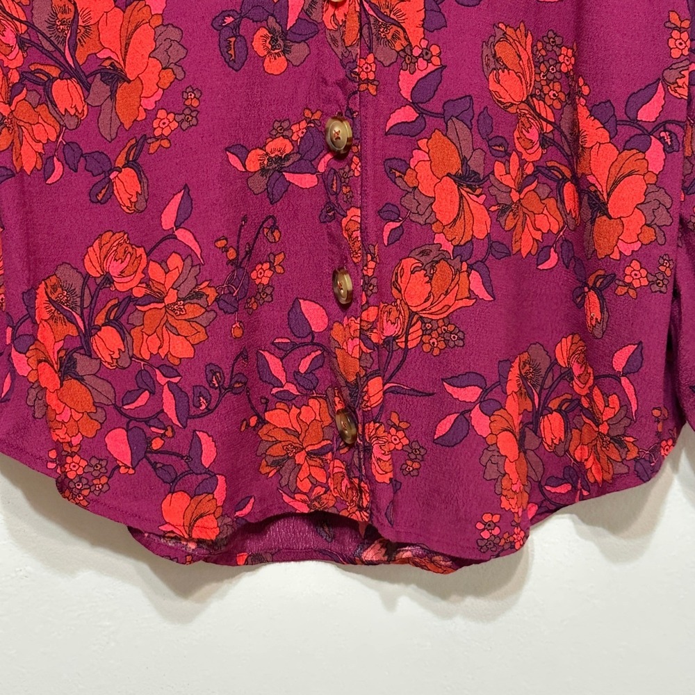 Maeve Anthropologie Fall Floral Blouse Womens Large Magenta Ruched Sleeve Top - Picture 5 of 11